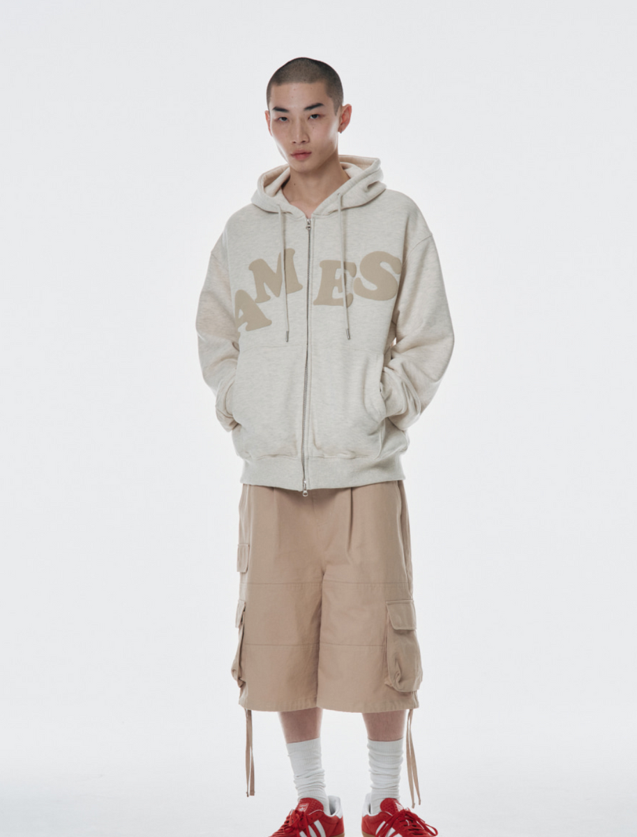 Ames] BIG TYPO HOODIE ZIP UP OATMEAL – Ohue