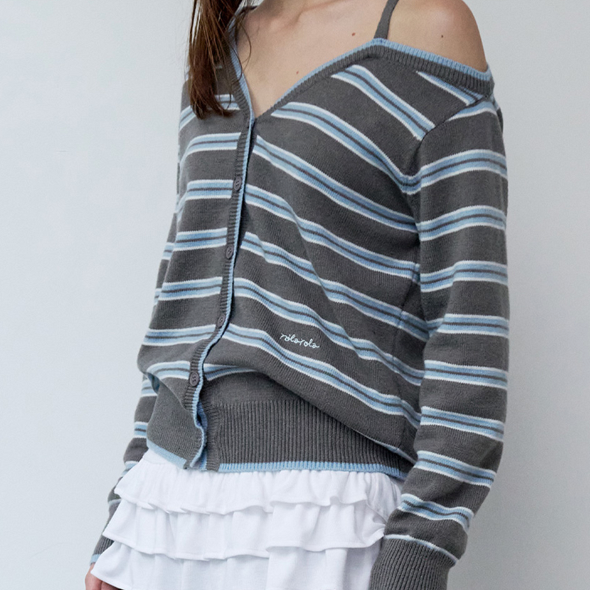 rola rola] ONE OFF SHOULDER STRIPE CARDIGAN GRAY – Ohue