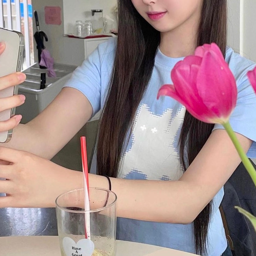 aeae] FLASHED CATS EYE CROP T-SHIRTS [Skyblue] – Ohue