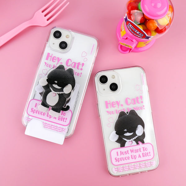 [THENINEMALL] Heart Pendant Hey Cat Clear Phone Case (3 types)