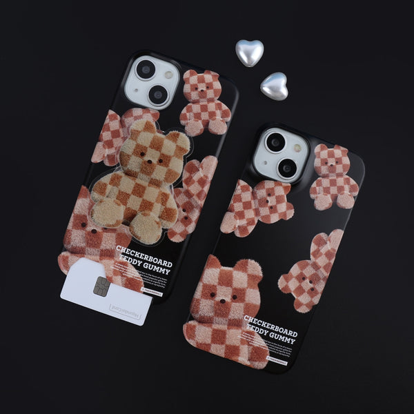 [THENINEMALL] Pattern Checkerboard Teddy Hard Phone Case (2 types)