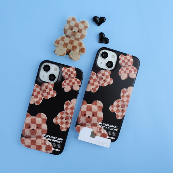 [THENINEMALL] Pattern Checkerboard Teddy Hard Phone Case (2 types)