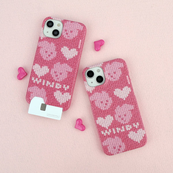 [THENINEMALL] Pink Heart Knit Windy Hard Phone Case (2 types)