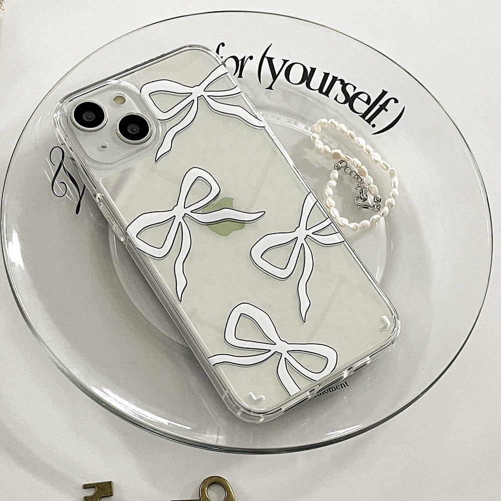 [Mademoment] Pattern White Ribbon Design Glossy Mirror Phone Case