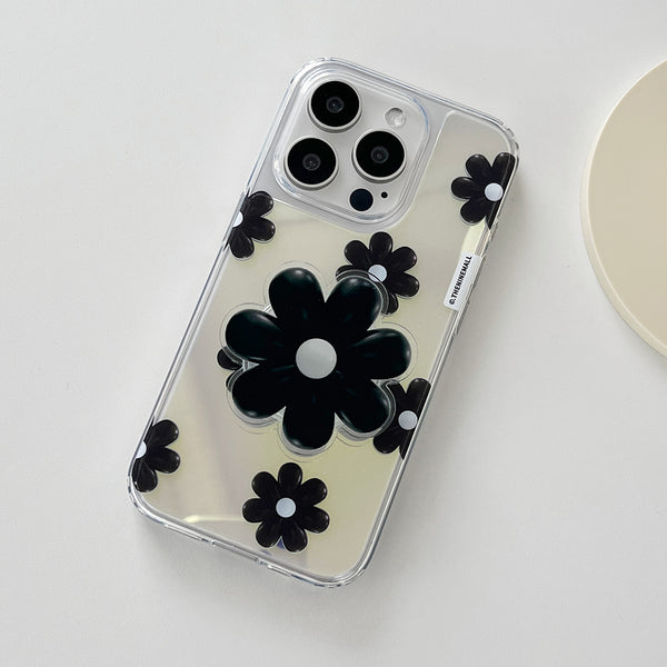 [THENINEMALL] Black Marguerite Flower Pattern Mirror Phone Case