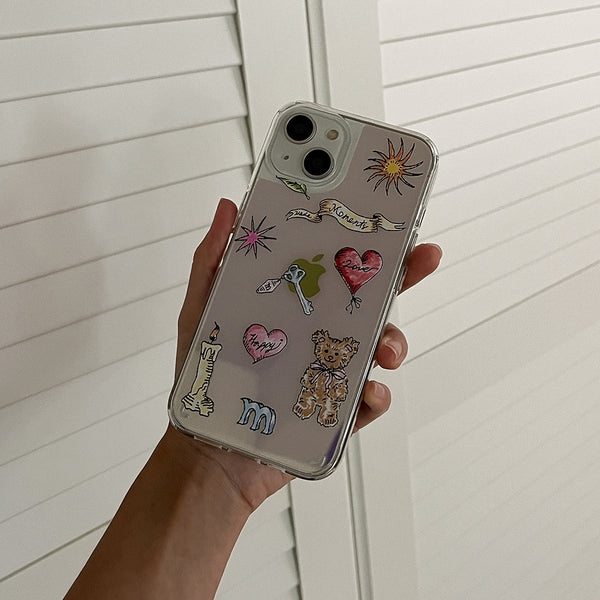 [Mademoment] Vintage Drawing Pattern Design Glossy Mirror Phone Case