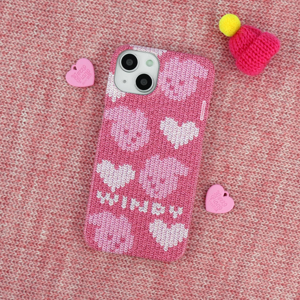 [THENINEMALL] Pink Heart Knit Windy Hard Phone Case (2 types)