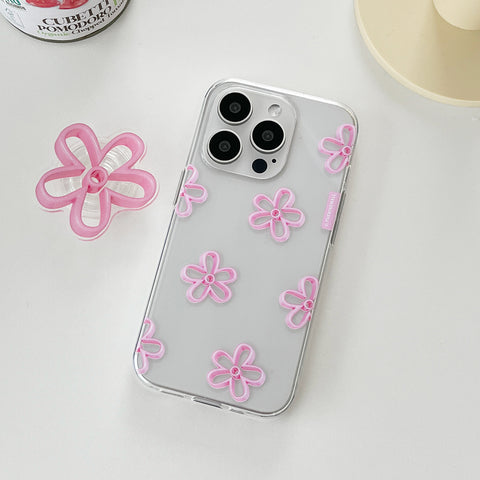 [THENINEMALL] Pink Line Flower Pattern Clear Phone Case (3 types)