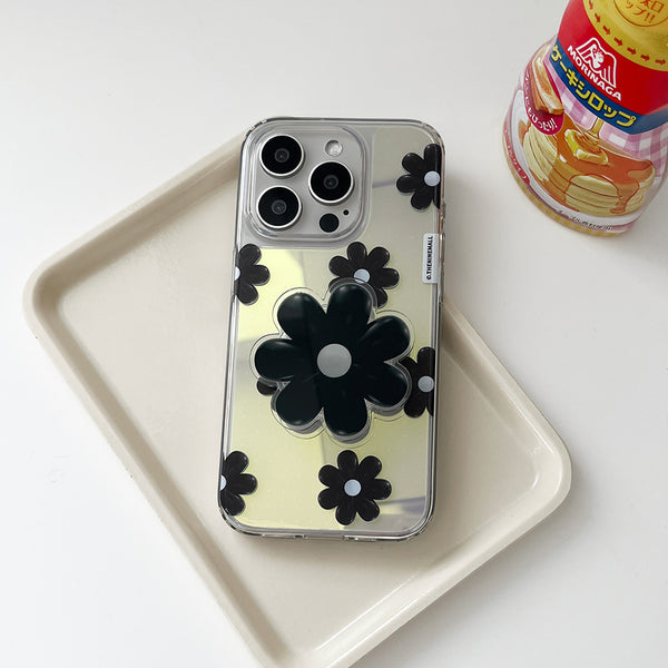 [THENINEMALL] Black Marguerite Flower Pattern Mirror Phone Case