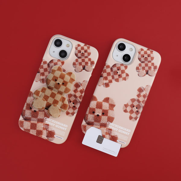 [THENINEMALL] Pattern Checkerboard Teddy Hard Phone Case (2 types)