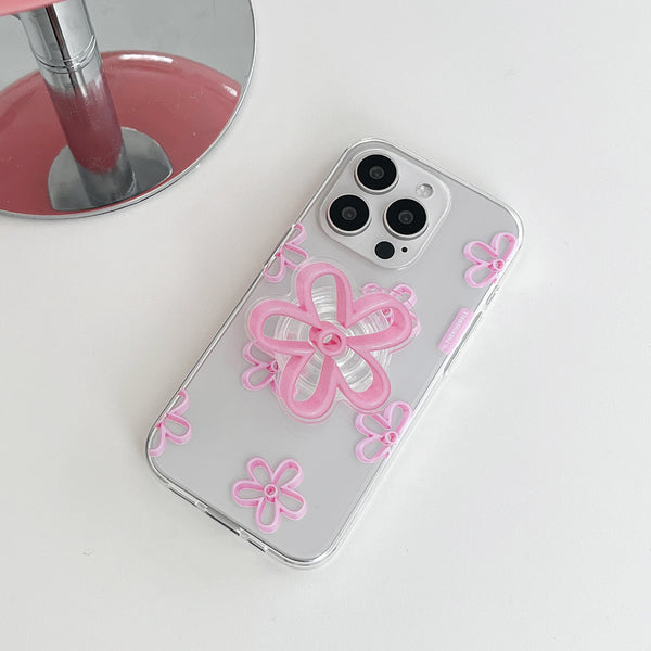 [THENINEMALL] Pink Line Flower Pattern Clear Phone Case (3 types)