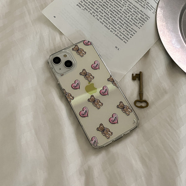 [Mademoment] Heart Teddy Pattern Design Glossy Mirror Phone Case