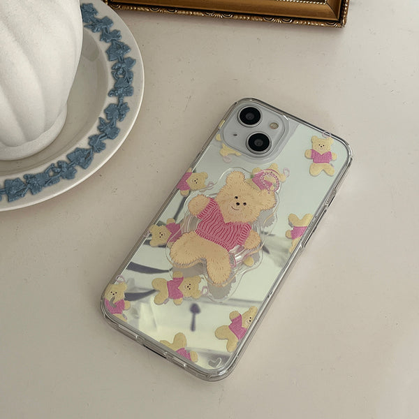 [Mademoment] Pattern Knit Bear Keyring Design Glossy Mirror Phone