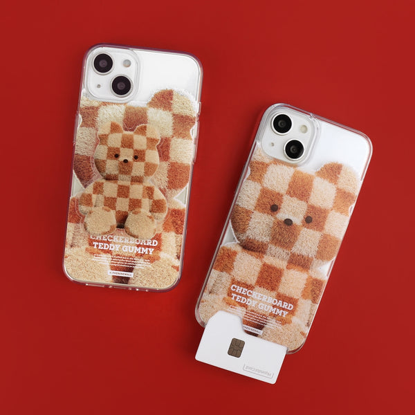 [THENINEMALL] Big Checkerboard Teddy Clear Phone Case (3 types)