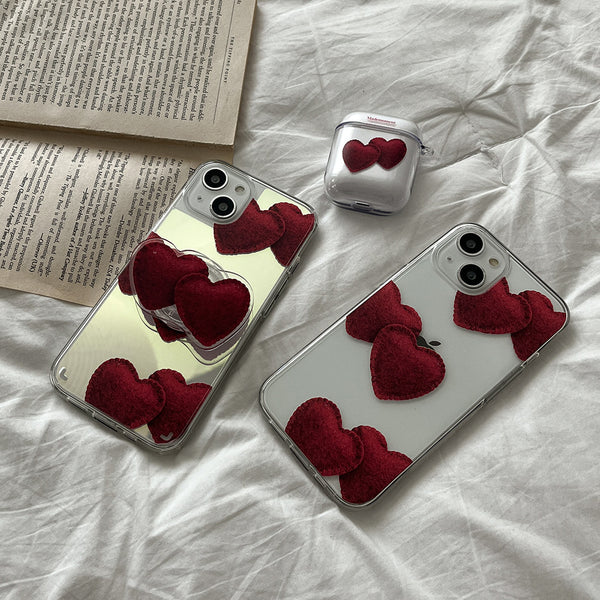 [Mademoment] Red Felt Heart Pattern Design Glossy Mirror Phone Case