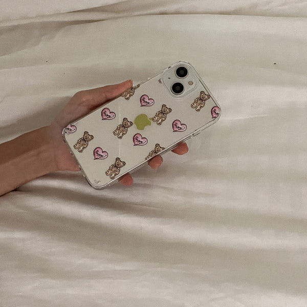 [Mademoment] Heart Teddy Pattern Design Glossy Mirror Phone Case