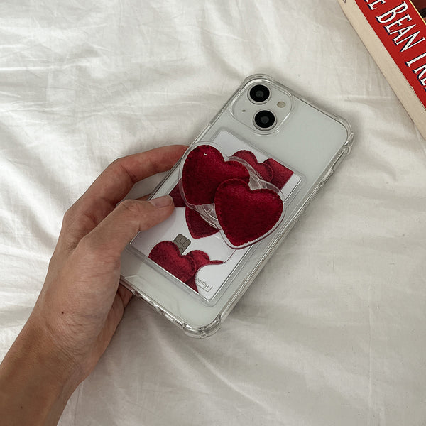 [Mademoment] Red Felt Heart Pattern Design Clear Phone Case (4 Types)