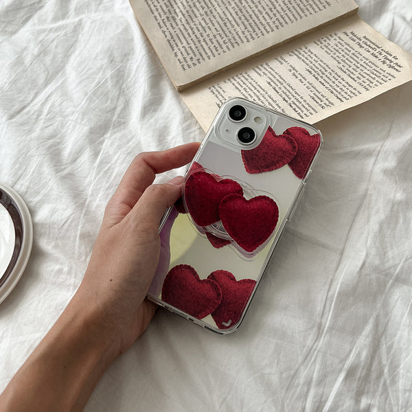 [Mademoment] Red Felt Heart Pattern Design Glossy Mirror Phone Case