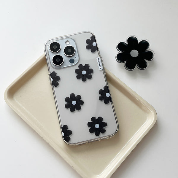 [THENINEMALL] Black Marguerite Flower Pattern Clear Phone Case (3 types)