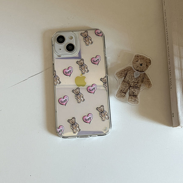 [Mademoment] Heart Teddy Pattern Design Glossy Mirror Phone Case