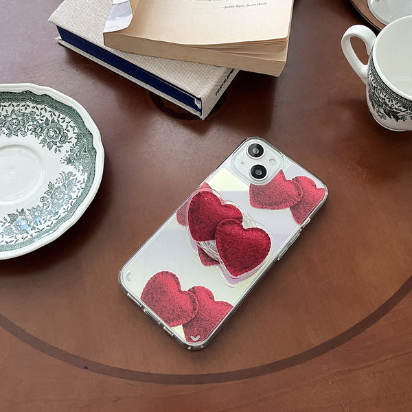 [Mademoment] Red Felt Heart Pattern Design Glossy Mirror Phone Case