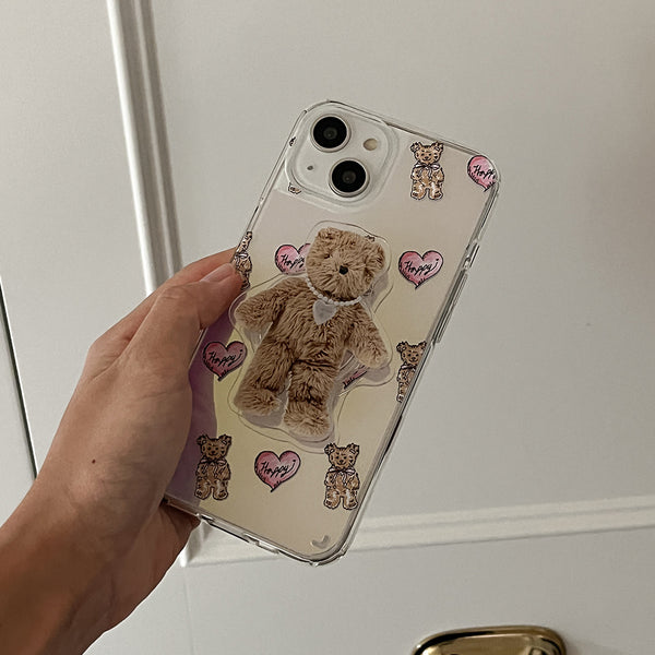 [Mademoment] Heart Teddy Pattern Design Glossy Mirror Phone Case