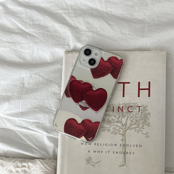 [Mademoment] Red Felt Heart Pattern Design Glossy Mirror Phone Case