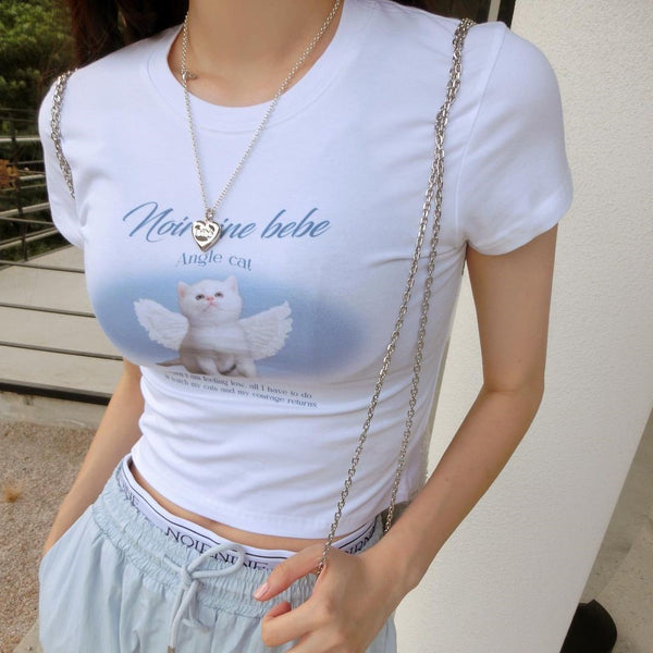 [NOIRNINE] Angel Cat Crop T-shirts (IVORY)