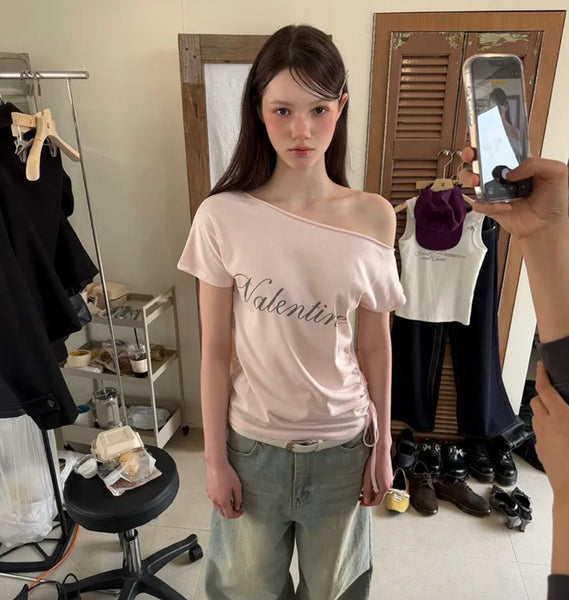 Apink 初瓏同款✨Valentine Off-Shoulder Shirring Top