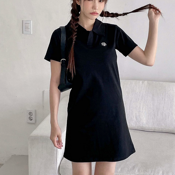 [muahmuah] Logo Open Collar Short-sleeved Dress