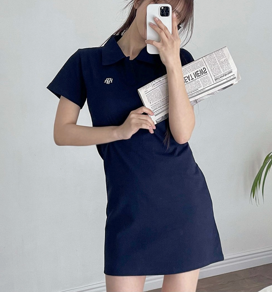 [muahmuah] Logo Open Collar Short-sleeved Dress