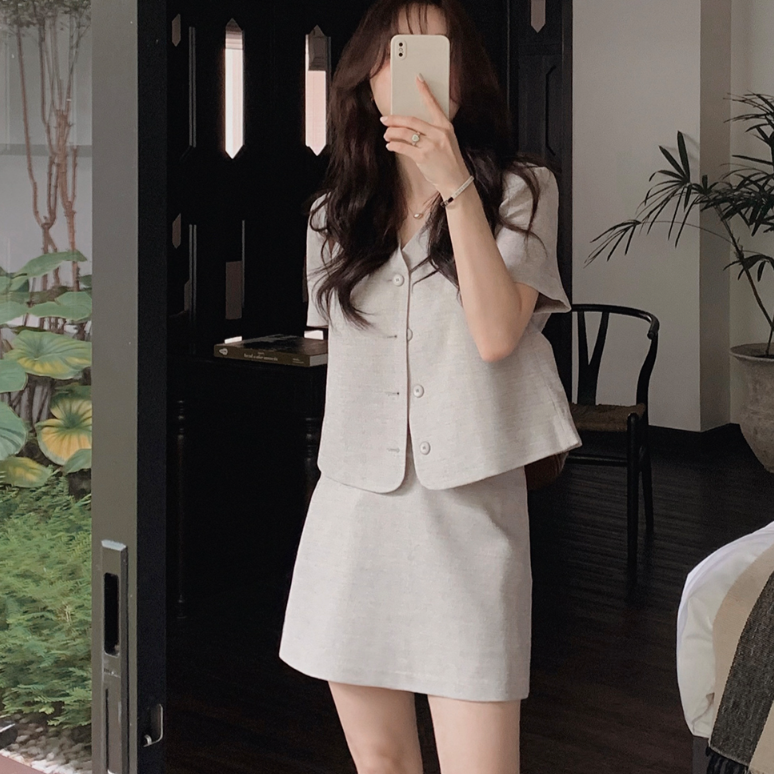 [SLOWAND] # SLOWMADE Tone Oat Grey Jacket and Mini Skirt Set-up