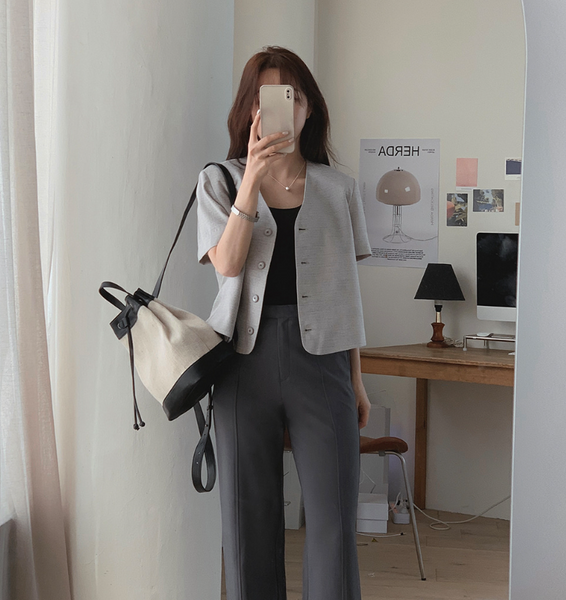 [SLOWAND] # SLOWMADE Tone Oat Grey Jacket and Mini Skirt Set-up