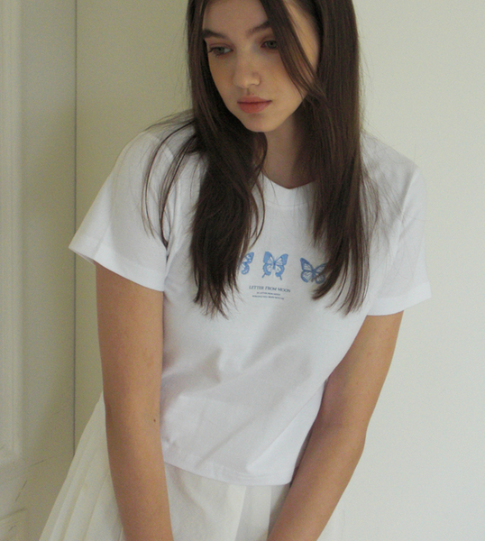 [Letter from Moon] Triple Butterfly Crop Short Sleeve T-shirts (White & Blue)