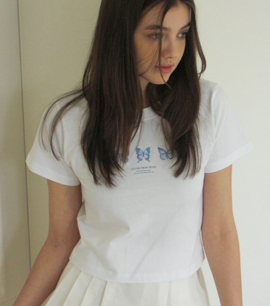 [Letter from Moon] Triple Butterfly Crop Short Sleeve T-shirts (White & Blue)