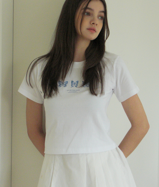 [Letter from Moon] Triple Butterfly Crop Short Sleeve T-shirts (White & Blue)