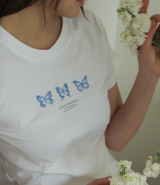 [Letter from Moon] Triple Butterfly Crop Short Sleeve T-shirts (White & Blue)