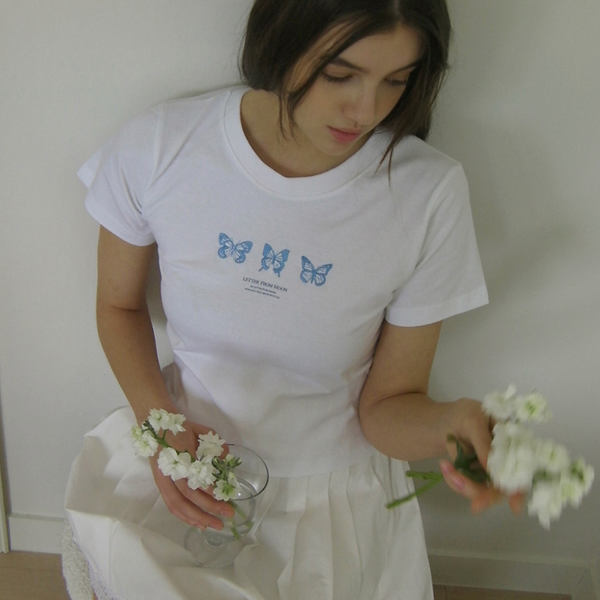 [Letter from Moon] Triple Butterfly Crop Short Sleeve T-shirts (White & Blue)