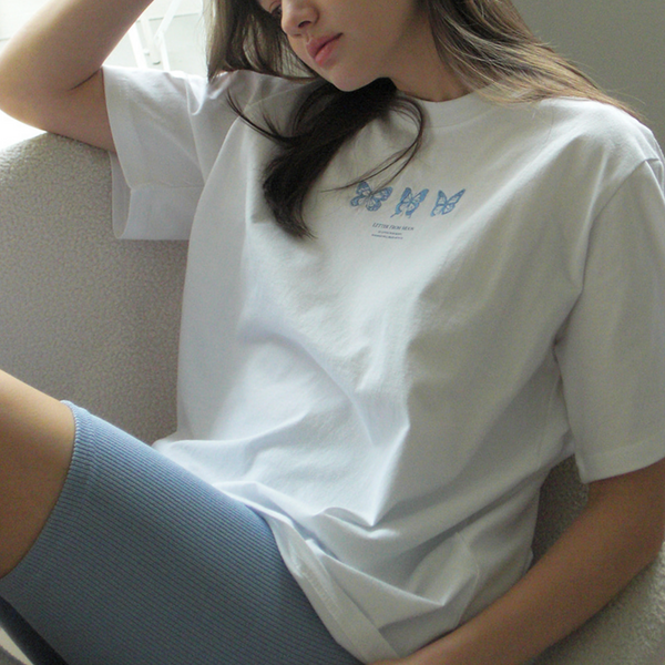 [Letter from Moon] Triple Butterfly Over-fit Short Sleeve T-shirts (White & Blue)