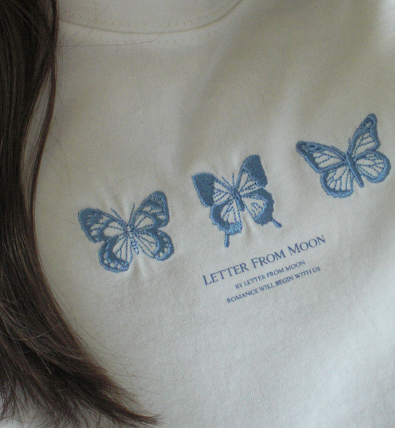 [Letter from Moon] Triple Butterfly Over-fit Short Sleeve T-shirts (White & Blue)