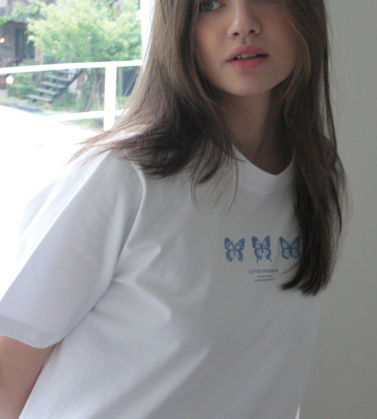 [Letter from Moon] Triple Butterfly Over-fit Short Sleeve T-shirts (White & Blue)