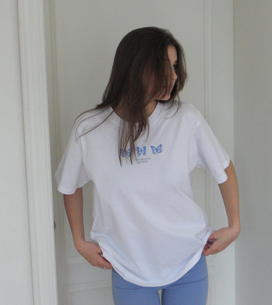 [Letter from Moon] Triple Butterfly Over-fit Short Sleeve T-shirts (White & Blue)