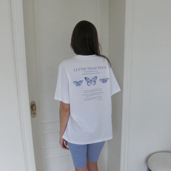 [Letter from Moon] Triple Butterfly Over-fit Short Sleeve T-shirts (White & Blue)