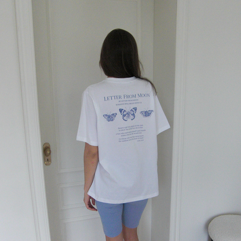 [Letter from Moon] Triple Butterfly Over-fit Short Sleeve T-shirts (White & Blue)