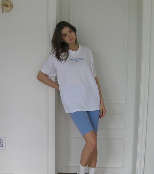 [Letter from Moon] Triple Butterfly Over-fit Short Sleeve T-shirts (White & Blue)