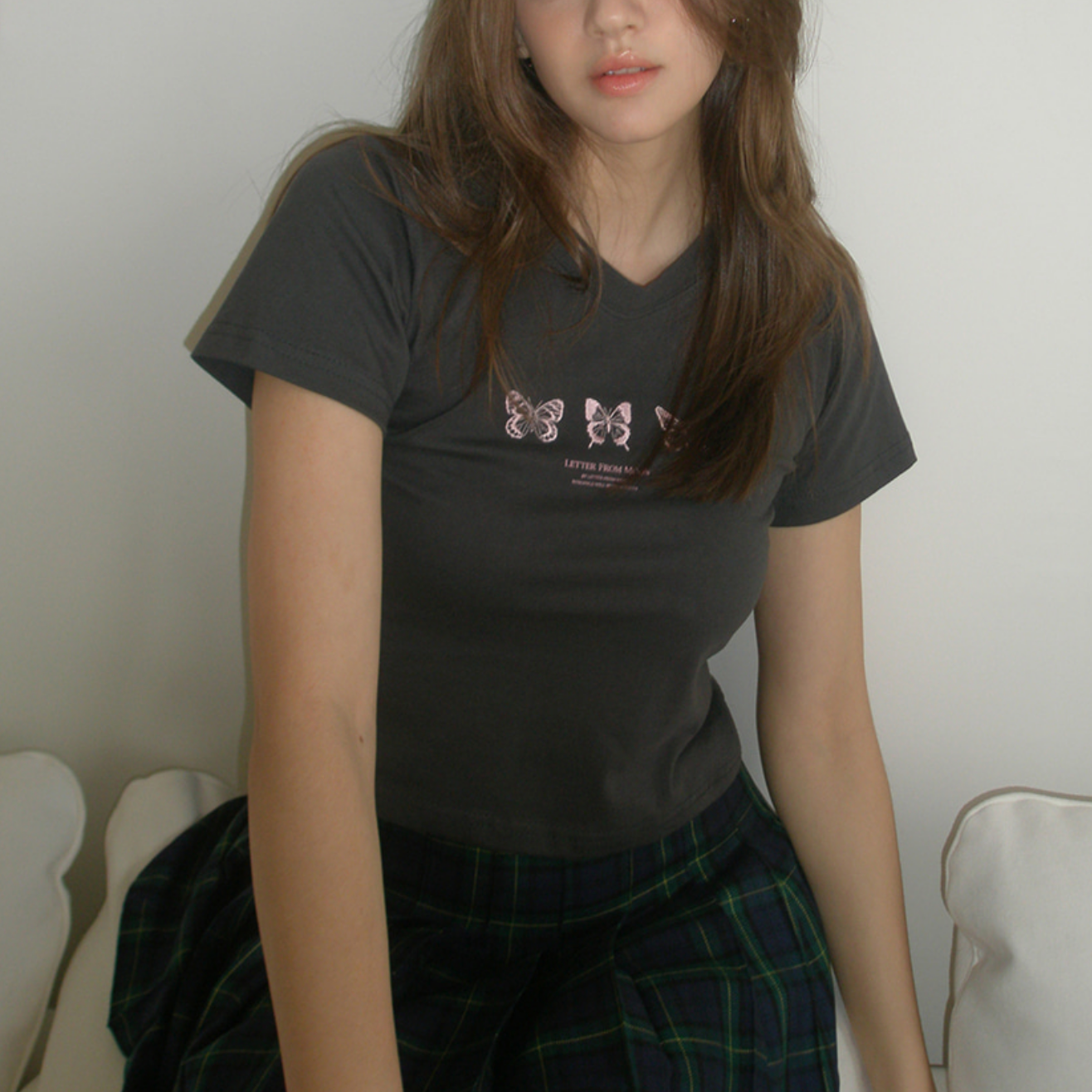 [Letter from Moon] Triple Butterfly Crop Short Sleeve T-shirts (Charcoal)