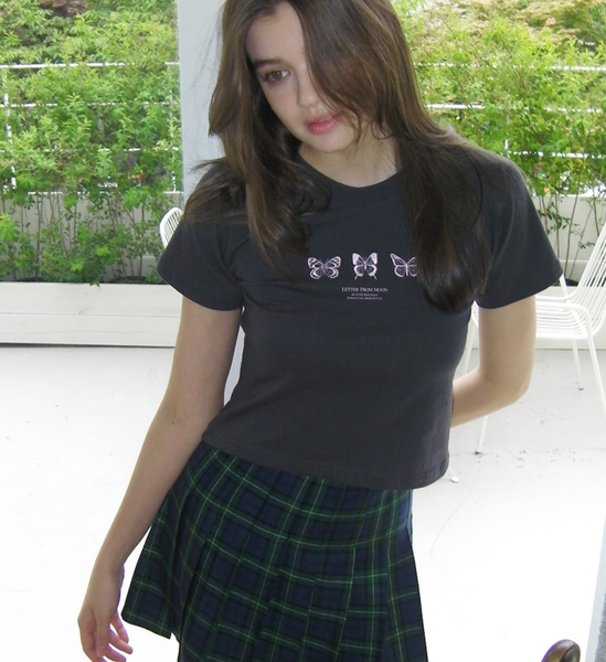 [Letter from Moon] Triple Butterfly Crop Short Sleeve T-shirts (Charcoal)