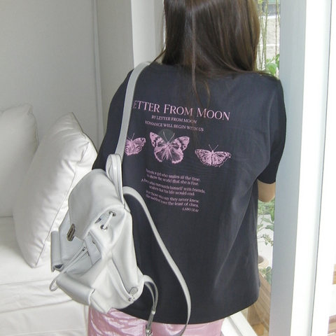 [Letter from Moon] Triple Butterfly Over-fit Short Sleeve T-shirts (Charcoal)