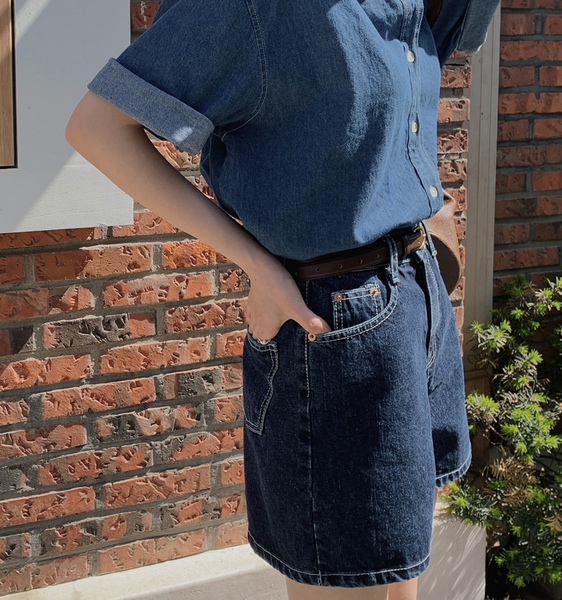 [SLOWAND] # SLOWMADE Clean Fit Dark Denim Shorts