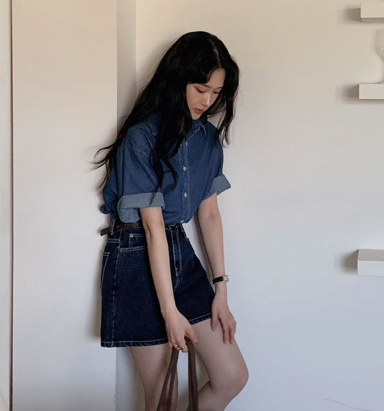 [SLOWAND] # SLOWMADE Clean Fit Dark Denim Shorts